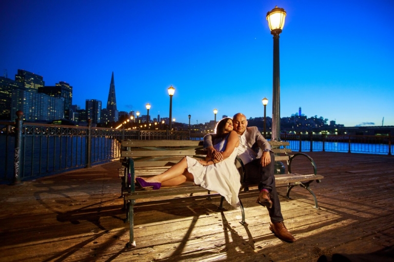 San Francisco Bay pier engagement snuggle