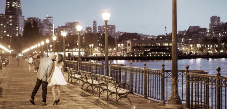 San Francisco Bay pier engagement KISS WALKING